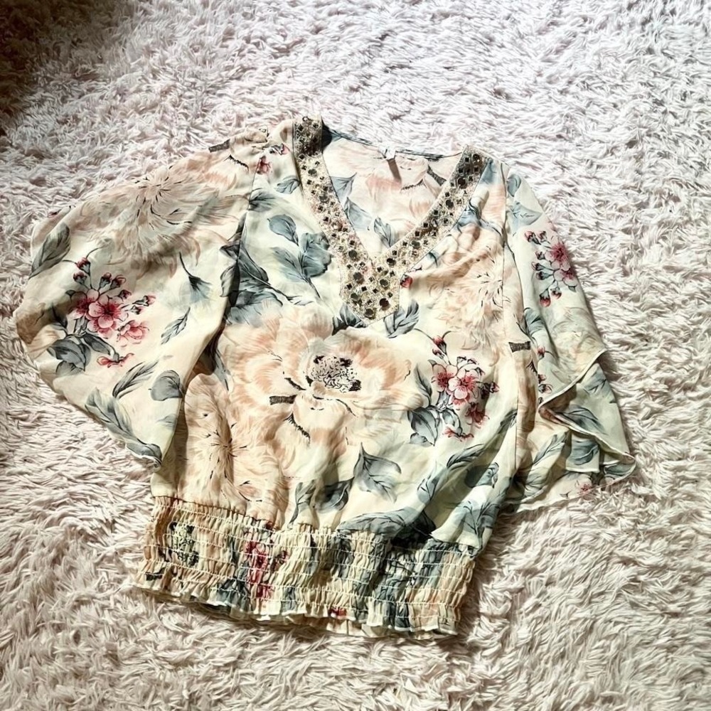 Sheer Floral Whimsical Flowy Beaded Poncho Style Top Womens S Oversized Fairy